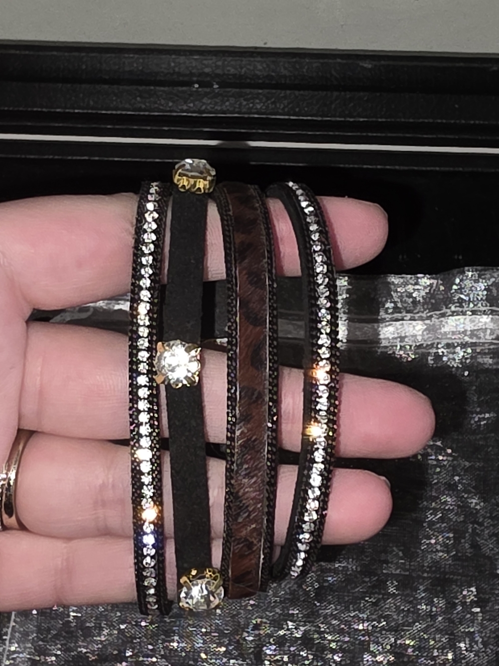 SAACHI Black and Brown Multi-Row Wrap Magnetic Bracelet with Crystal Accents
